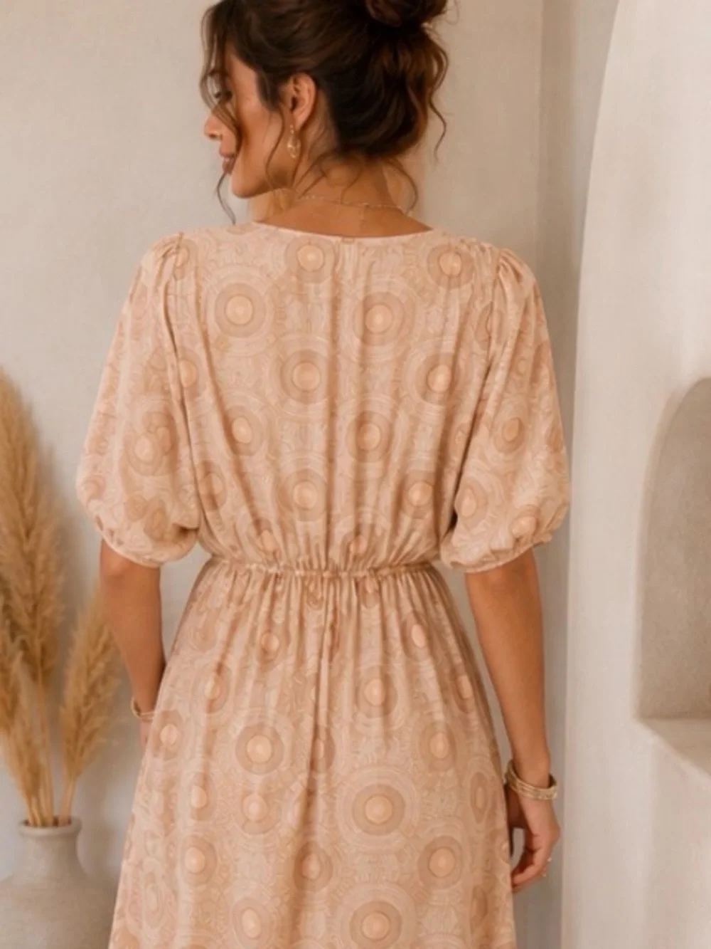 Forever 21 Neutral Beige V-Neck Puff Sleeve Boho Maxi Dress - Picture 2 of 13